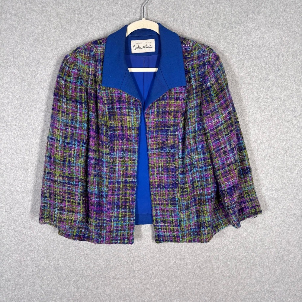 Vintage Tweed Blazer Medium Lime Blue Boucle Old Money Maximalist 80s 90s Bright